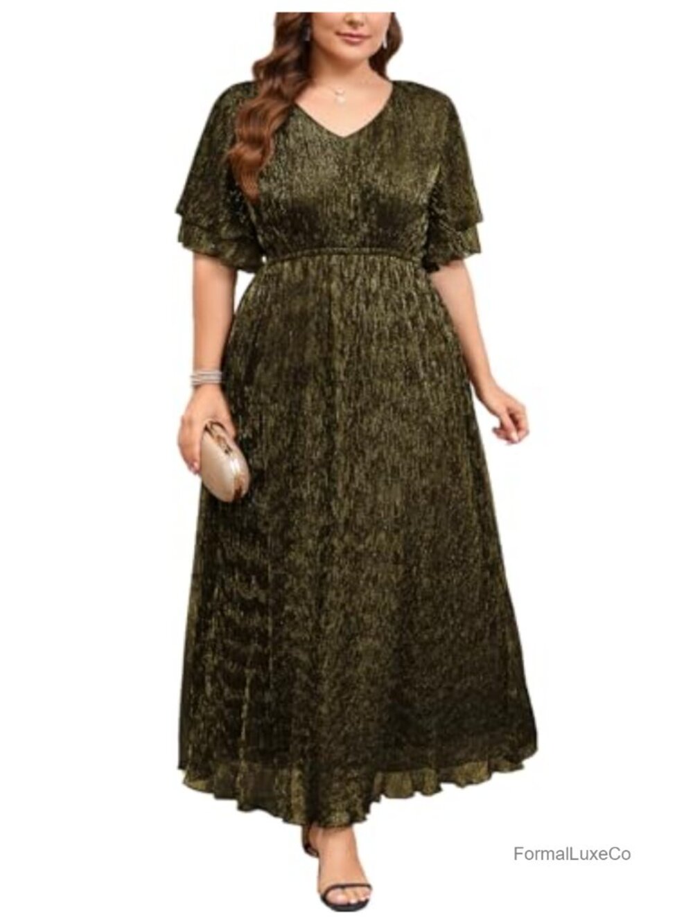 Plus Size Sparkly Maxi Formal Dress Ruched V-Neck Ruffle Sleeves Floor Length